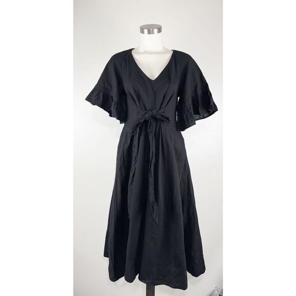 Free People XS Black Maxi Dress Bell Sleeve Tie Waist Cotton Linen Boho V-Neck - Picture 1 of 6